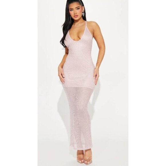 NEW! Fashion Nova Be Reallistic Metallic Maxi Dress Blush Pink Women's Large - Picture 3 of 4